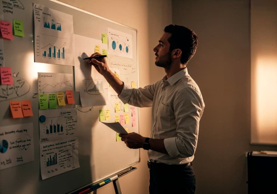 A leader presenting at a whiteboard